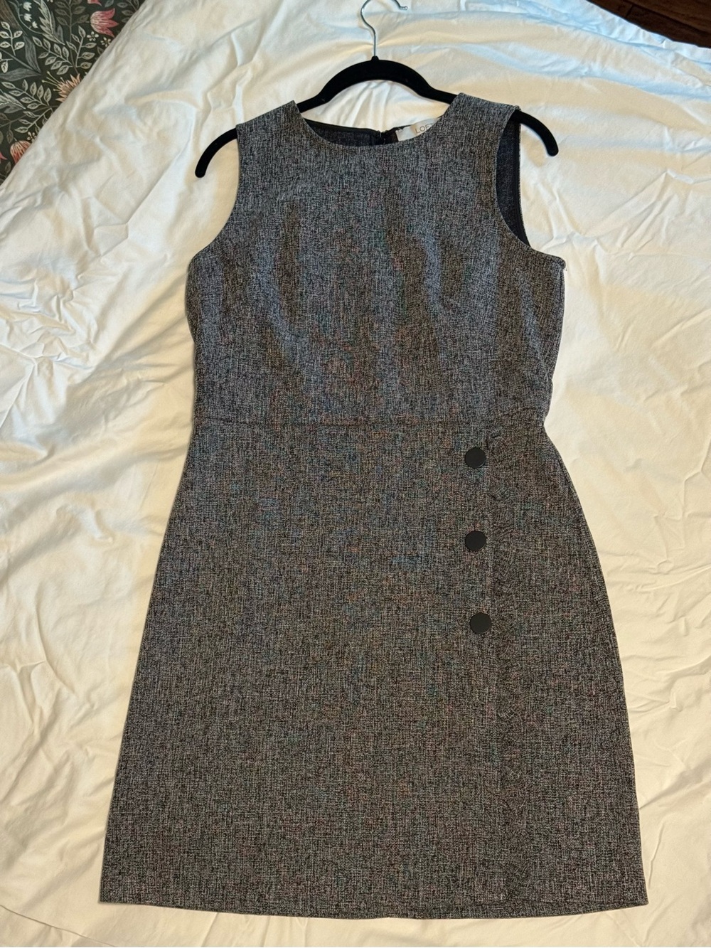 Sleeveless Tweed Sheath Dress in Gray with Ruffle and Button Detail